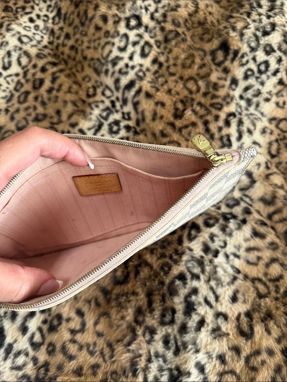 Authentic Louis Vuitton Checkered Wristlet Clutch in Cream and Brown